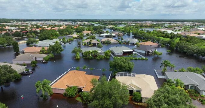 Tropical rainstorm flooded residential homes in suburban community in Florida. Hurricane aftermath