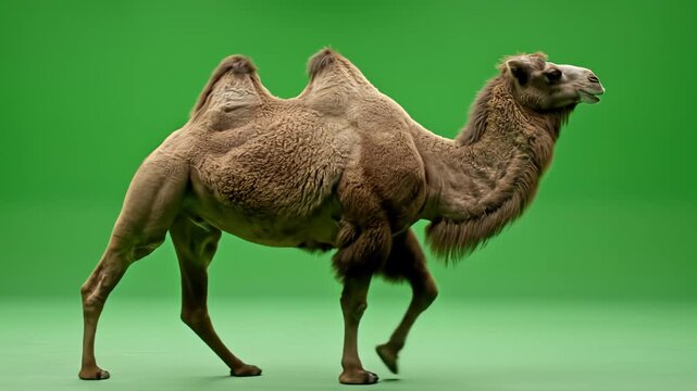 Camel walking on green background ideal for travel vlogs and eco-friendly campaigns