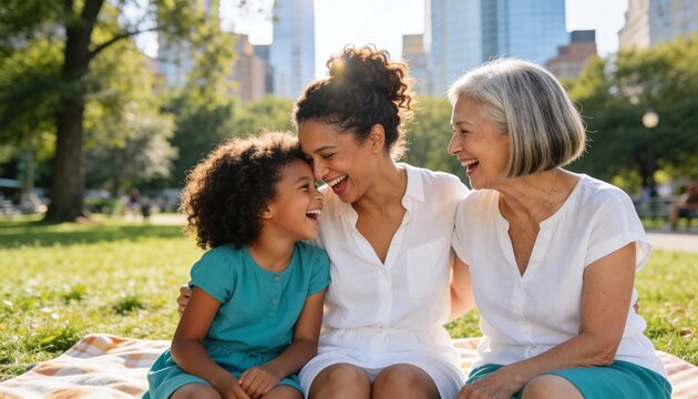 Three generations of a family laughing in a city park. Grandmother mother and daughter bonding on a picnic blanket. African American family enjoying a sunny day outdoors