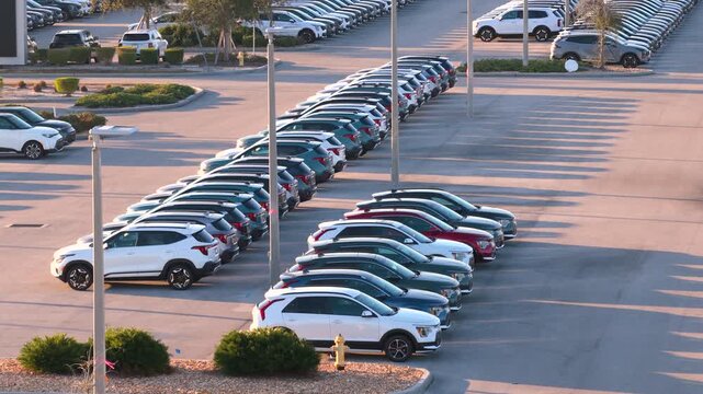 Urban car sales and leasing location with multiple vehicles ready for customers, highlighting convenience, transportation services and modern mobility solutions.
