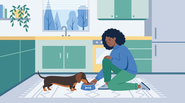 A caring woman diligently feeding her beloved dachshund dog in a bright, modern kitchen, highlighting a nurturing daily pet care routine