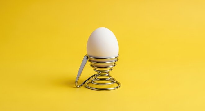 White egg in metal egg cup against a vibrant yellow background