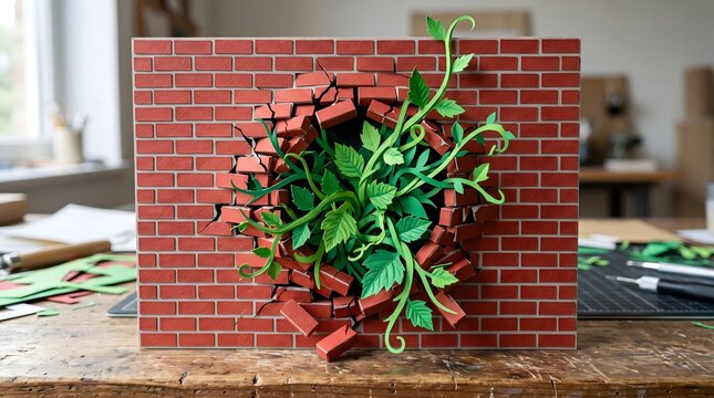 Vibrant green life erupts from within a crumbling brick structure, a profound paper art metaphor for the indomitable spirit of growth shattering rigid barriers and finding a path to light