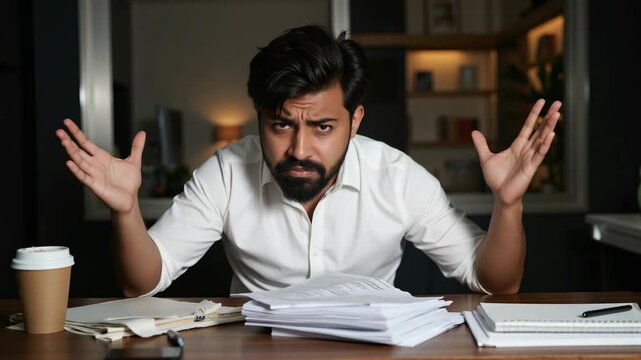 A bearded man sitting at a desk, gesturing his hands outward in surprise or concern. The desk is cluttered with papers and there's a cup of coffee on the table.
