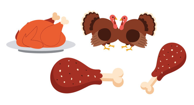 Thanksgiving food and animal collection featuring a roasted turkey on a platter, live turkeys, and fried drumsticks.