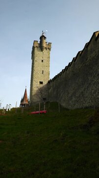 Shot of the medieval Musegg Wall and historic watchtowers in Lucerne, Switzerland