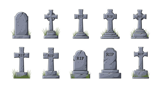 Set of ten different grey stone tombstone illustrations with rip text and green grass for halloween or cemetery themes.