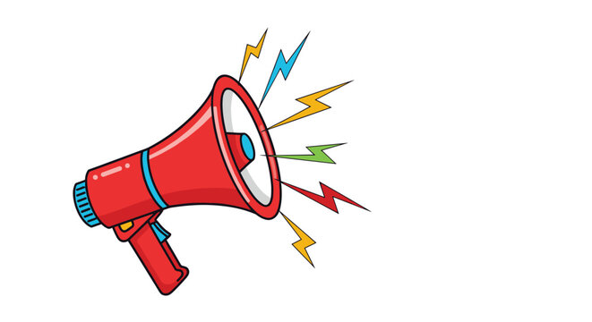 Red and blue megaphone speaker with colorful lightning bolts coming out to signify sound, alerts, or important messages.