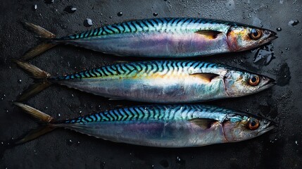 Fototapeta premium Three Fresh Whole Raw Mackerel Fish with Iridescent Blue Striped Scales on Dark Slate Surface. AI generated image