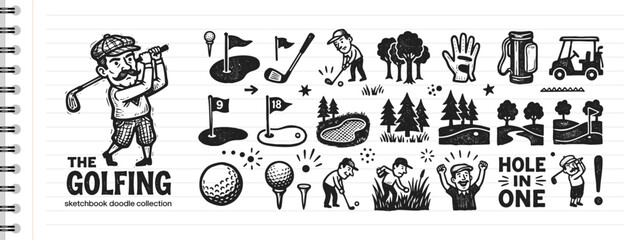Vintage golf doodle collection featuring hand drawn golfers clubs and equipment icons on paper