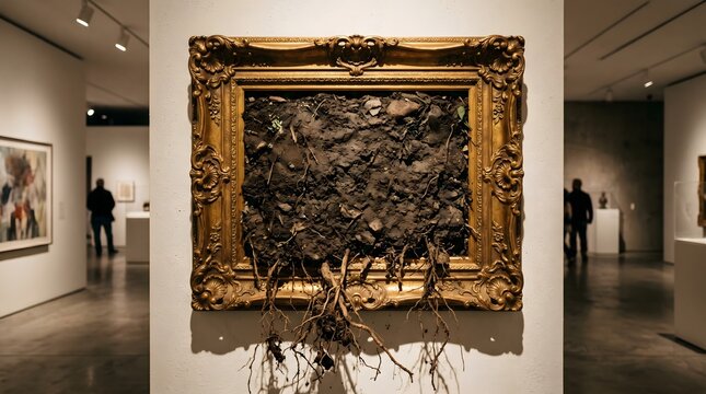Raw earth and sprawling roots erupt from a classical golden frame on a gallery wall, a profound metaphor for the untamable essence of nature overcoming human artifice and culture