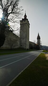 Shot of the medieval Musegg Wall and historic watchtowers in Lucerne, Switzerland
