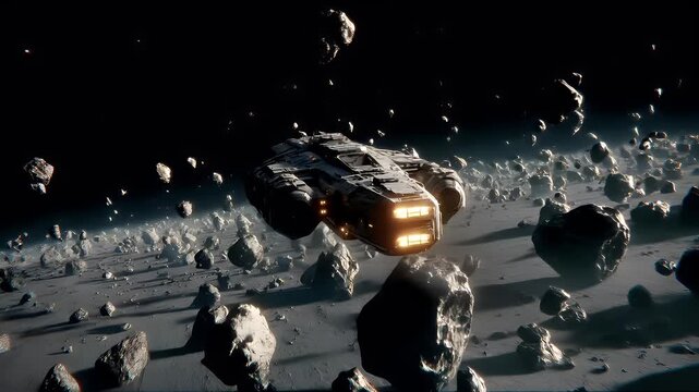Space universe exploration, fantasy, mysterious. A vivid, highresolution digital artwork depicts a futuristic spaceship hovering above a vast expanse of asteroids. The spaceship, with its sleek.
