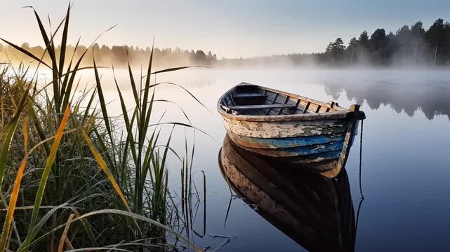 Old weathered boat on misty lake at sunrise