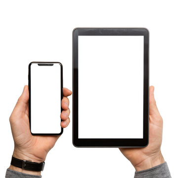 Hands holding a smartphone and tablet with blank screens isolated on transparent background
