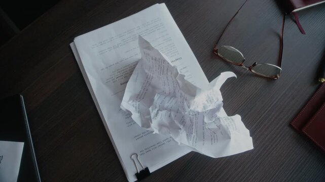 Top view of crumpled paper draft and eyeglasses placed on dark wooden desk in writers home office, burnout and creative block concept