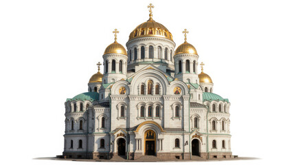 Fototapeta premium Large orthodox church building with golden domes and white walls isolated on a white background