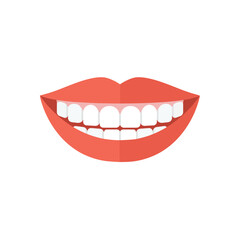 Fototapeta premium Perfect white smile with healthy teeth and red lips, flat vector illustration of wide grin isolated on white background