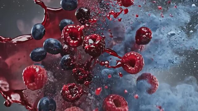 Raspberries and blueberries exploding with red liquid and blue powder splashes against a grey background