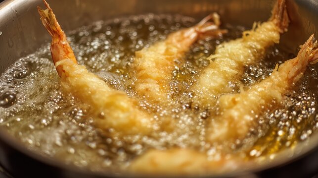 deep frying tempura shrimp in hot oil