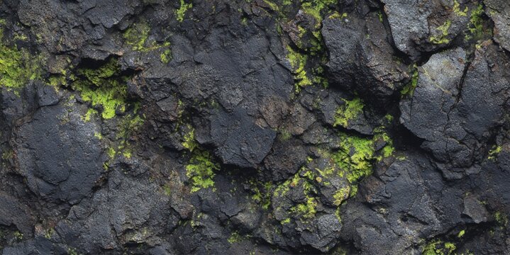 Dark volcanic rock texture with green moss cracks in natural grunge style for background and wallpaper design