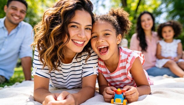 Happy mother and daughter lying on a blanket during a family picnic in a park. Smiling woman and young girl with toy car outdoors. Diverse family bonding on a sunny summer day