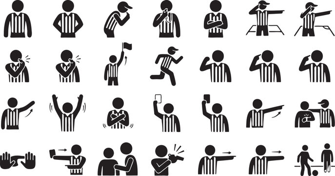 Sports Referee Official Signals Silhouettes - Decision & Hand Gesture Icon Set.
