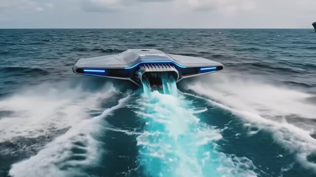 Futuristic high-speed jet boat with blue lights racing across the ocean creating a wake with a supply vessel in the background under cloudy skies