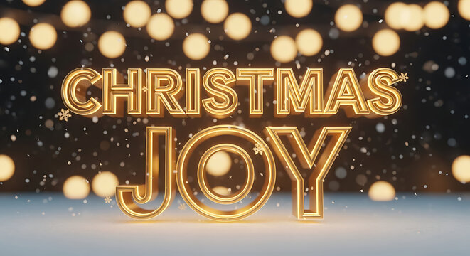 A luminous 3D rendering of the words "Christmas Joy" in glowing golden outline letters, amidst falling snow, set against a magical background of warm, shimmering golden bokeh lights.