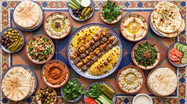 Grilled Meat Kabobs Served With Saffron Rice Hummus Tabbouleh And Pita Bread On Mosaic Tiles