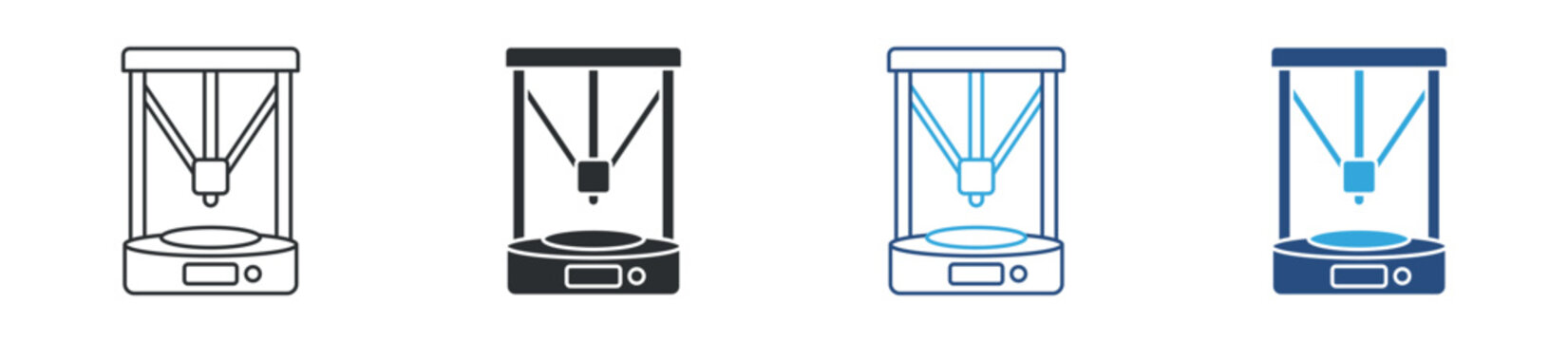 3D printer icon set. Additive manufacturing concept. Desktop 3D printing machine in outline, solid and color styles. Vector illustration.