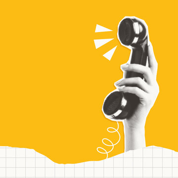 Retro halftone composition: hand holding phone receiver on yellow background - trendy social media post template or poster design.