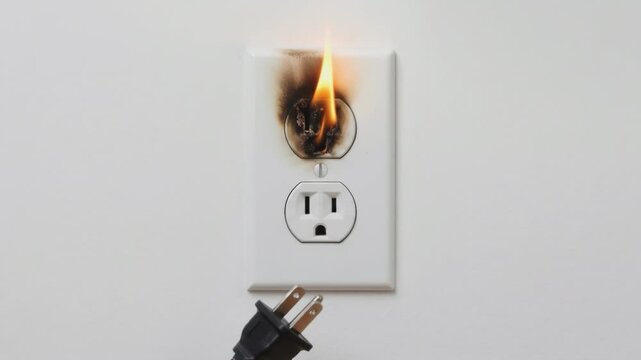 Electrical wall outlet burning with fire and smoke while power plug is disconnected on white wall background