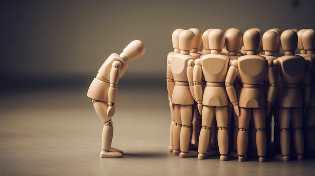 Sad wooden figure excluded from group. Concept of bullying, discrimination, isolation, loneliness, and mental health in society, workplace or school.
