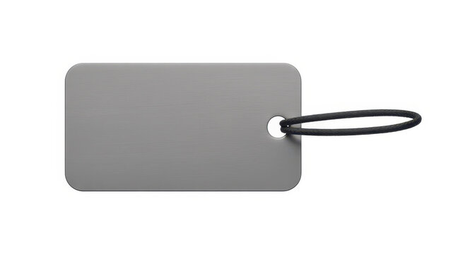 Rectangular grey plastic luggage tag with a black elastic loop isolated on a white background