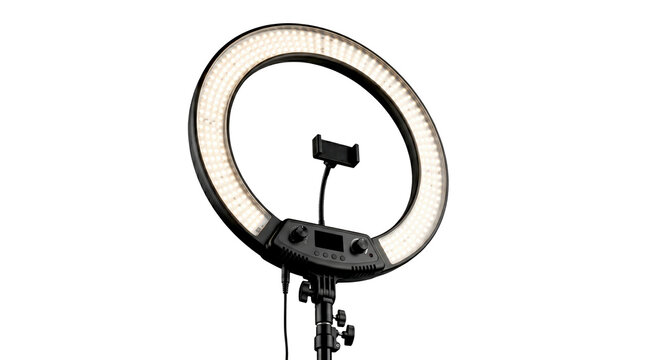 This close-up highlights the powerful illumination of a modern LED ring light, clearly showing its array of bright diodes and an integrated control panel, Transparent PNG