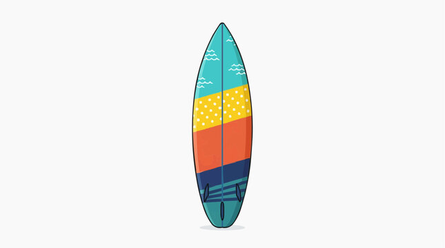A vibrant surfboard resting elegantly, showcasing a colorful design. Captured against a clean, uncluttered backdrop. 