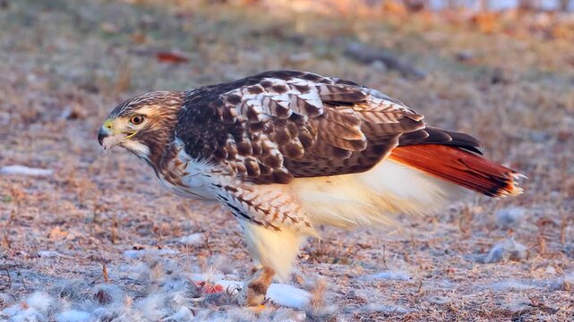 Red-tailed hawk eating freshly killed rabbit, close-up of wild behavior and Winter survival.
