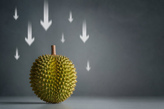 Durian and Downturn: A conceptual image of a durian fruit with downward arrows. Suggesting challenges or economic decline.