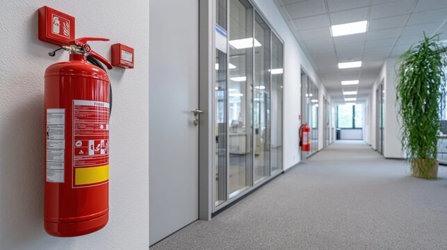 Bright modern office corridor with a large red fire extinguisher mounted on the wall