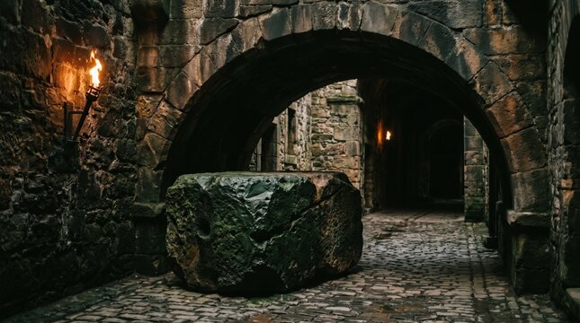 ancient stone dungeon interior with arched passageway, mossy block, and torchlight, moody atmosphere, dark fantasy setting