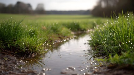 Fototapeta premium A tranquil stream running through dew kissed grasses in a reflective soft focus rural landscape