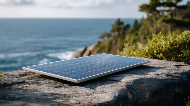 Solar panel placed on a rugged rock ledge overlooking a beautiful ocean and lush coastal vegetation