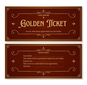 Golden Ticket Template in brown, front and back sides with vintage gold ornament. Great for gift vouchers, loyalty rewards, certificates and coupons. Vector for web and print.