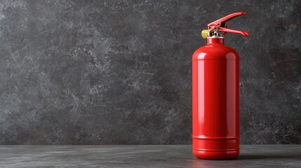 Fototapeta premium Glossy red portable fire extinguisher stands ready against a scratched dark background