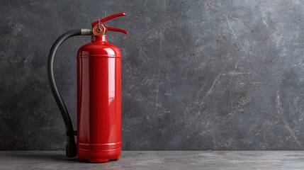 Obraz premium Glossy red portable fire extinguisher standing against a textured dark gray wall