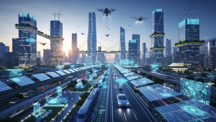 Obraz premium Futuristic cityscape with drone transportation and sustainable architecture