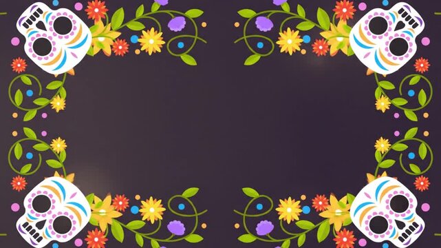 Colorful sugar skulls and flowers on dark background border frame design