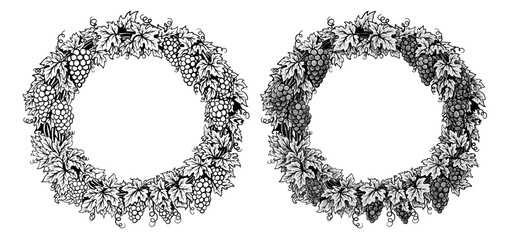 Naklejka premium Grapevine round wreath. Two hand drawn different sketches style frames. Decoration suitable for wine labels, winery branding, distillery, cellar, refinery. Vector illustration isolated on white 