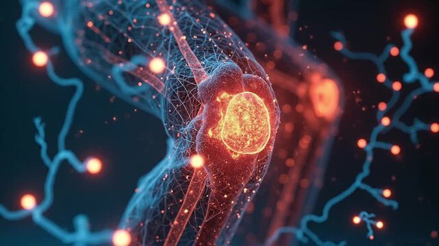 Neuron cell with glowing orange synapse on dark background with blue neural network